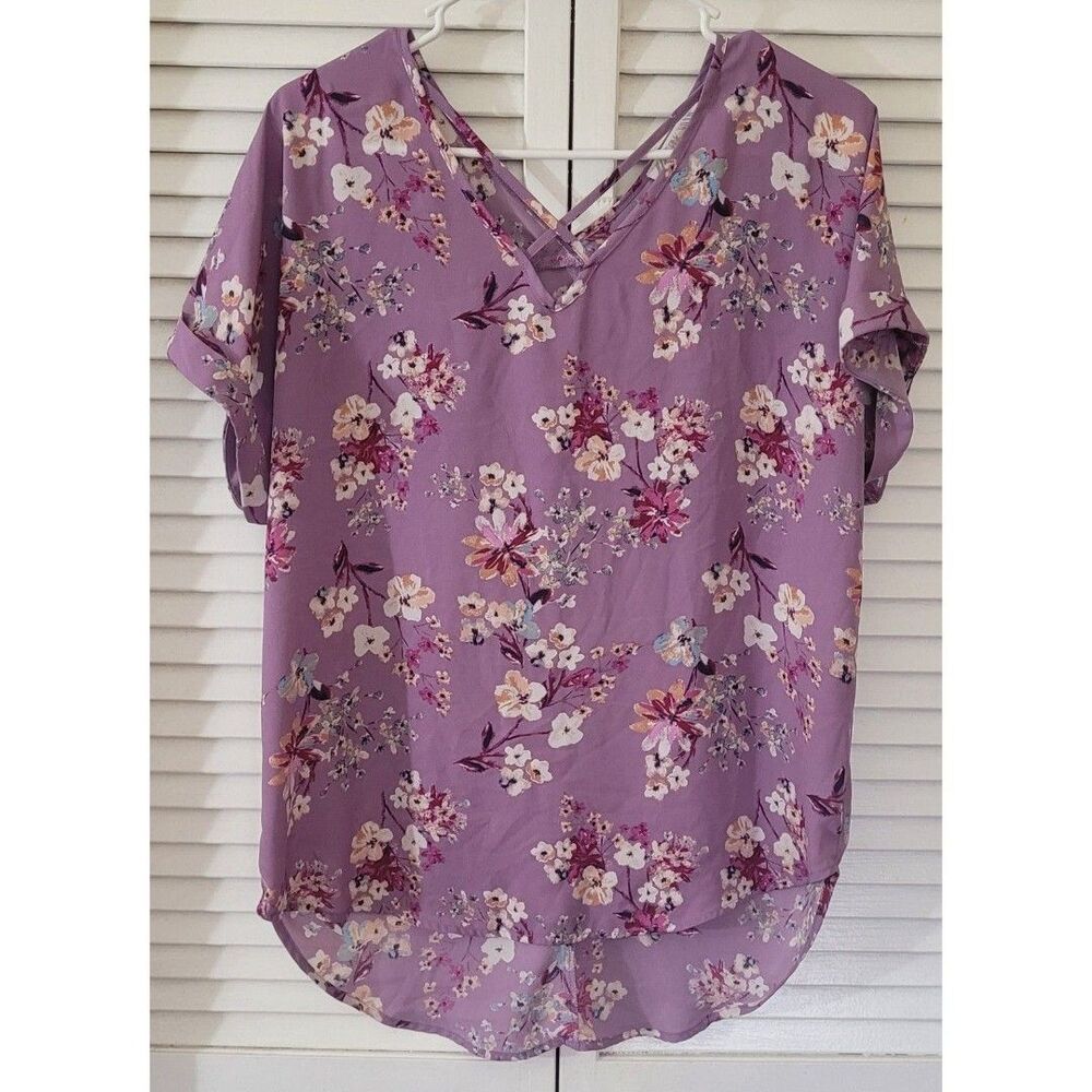 Pink Rose Floral Print V-Neck Blouse Size XL